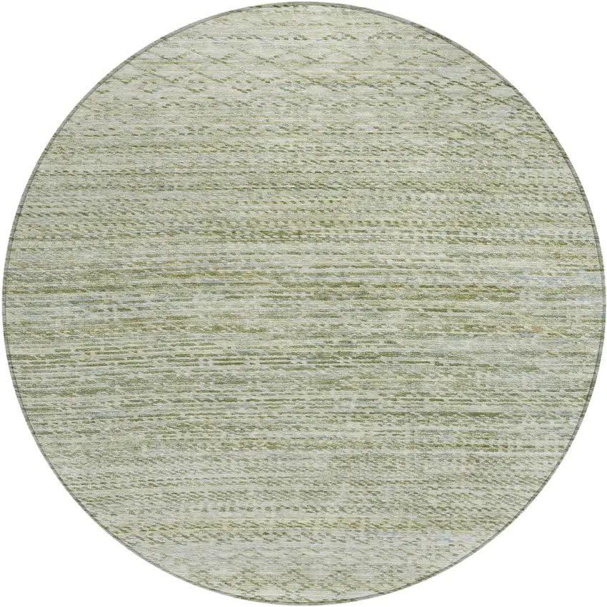 8' Sage And Ivory Round Striped Washable Indoor Outdoor Area Rug Photo 1