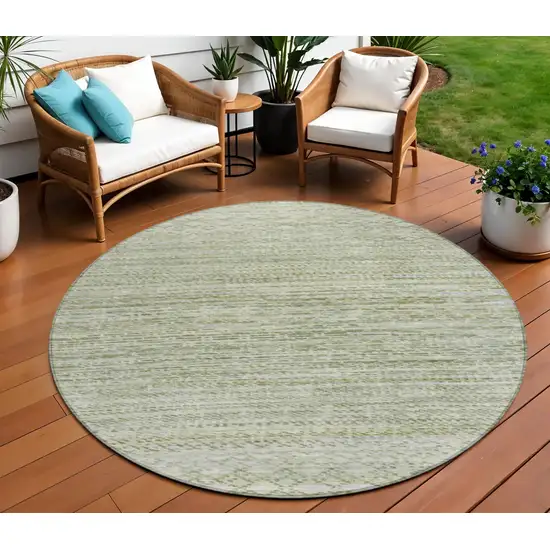 8' Sage And Ivory Round Striped Washable Indoor Outdoor Area Rug Photo 2