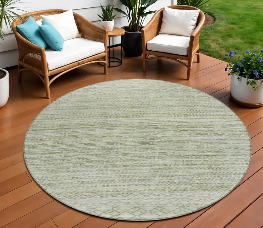 8' Sage And Ivory Round Striped Washable Indoor Outdoor Area Rug Photo 2