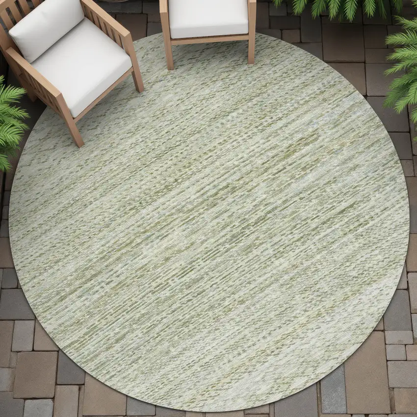 8' Sage And Ivory Round Striped Washable Indoor Outdoor Area Rug Photo 6
