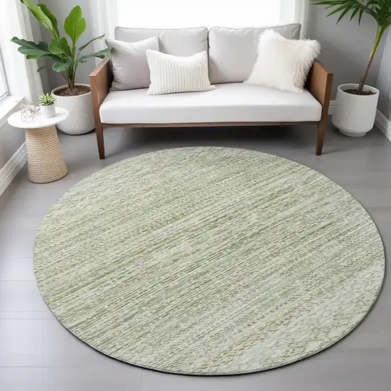 8' Sage And Ivory Round Striped Washable Indoor Outdoor Area Rug Photo 7