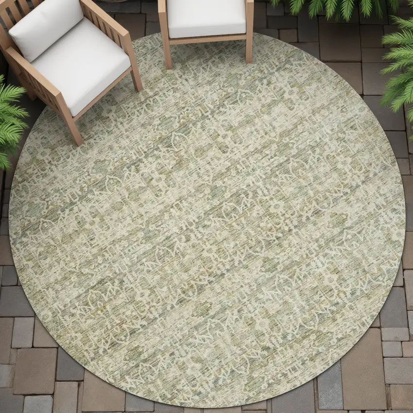 8' Sage And Ivory Round Striped Washable Indoor Outdoor Area Rug Photo 6