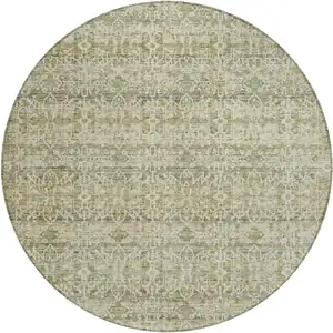 Photo of 8' Sage And Ivory Round Striped Washable Indoor Outdoor Area Rug