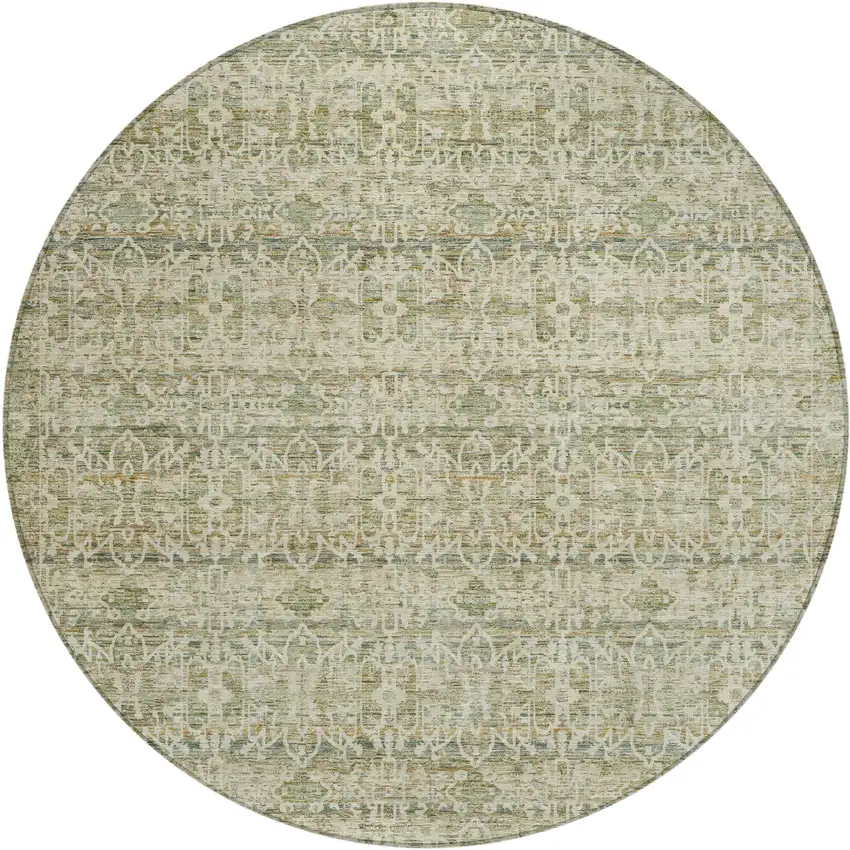 8' Sage And Ivory Round Striped Washable Indoor Outdoor Area Rug Photo 1