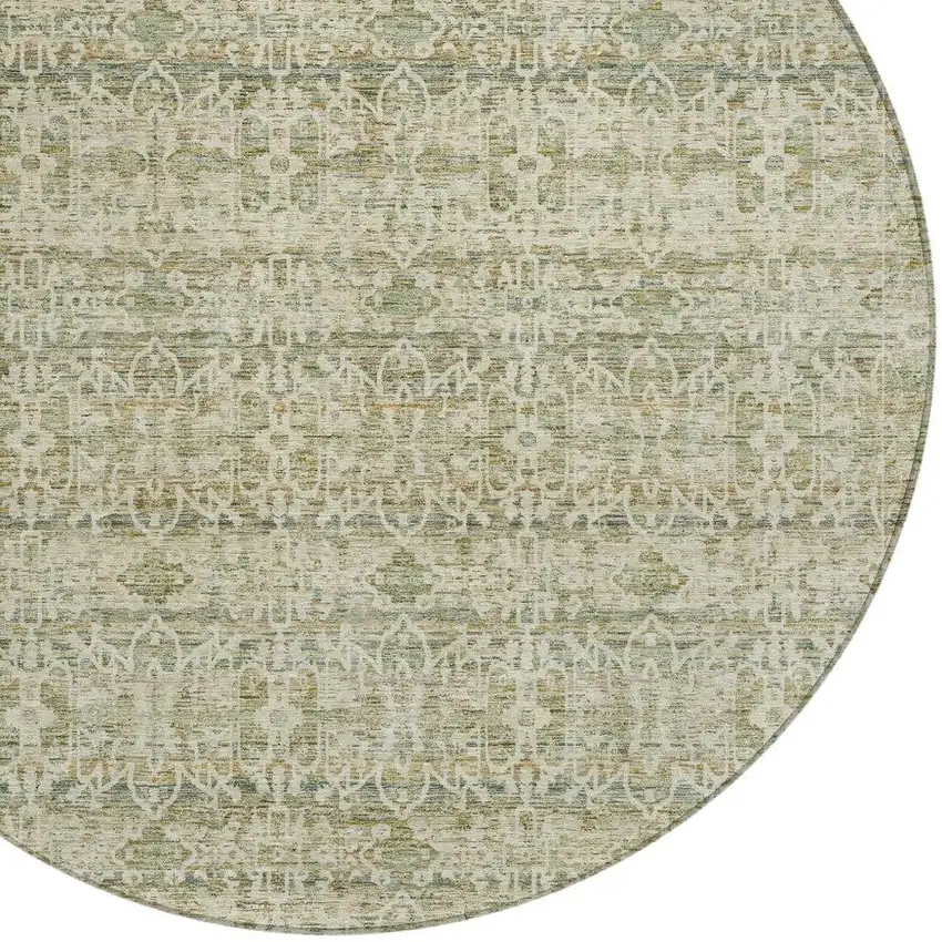 8' Sage And Ivory Round Striped Washable Indoor Outdoor Area Rug Photo 5