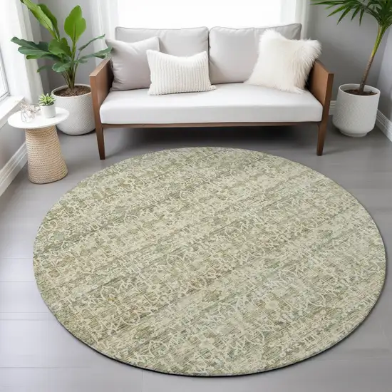 8' Sage And Ivory Round Striped Washable Indoor Outdoor Area Rug Photo 8