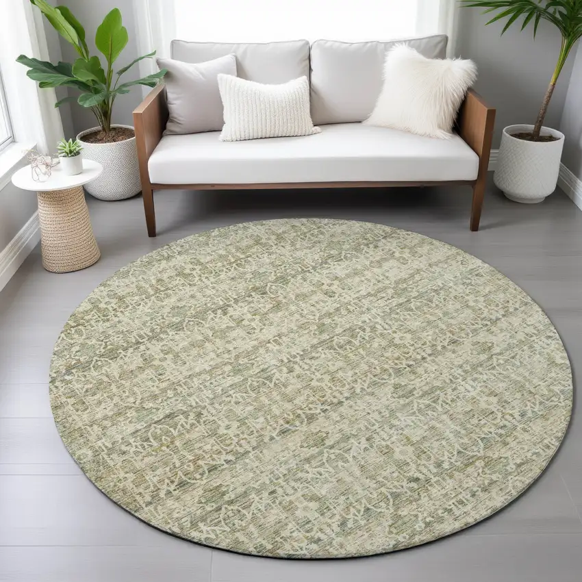 8' Sage And Ivory Round Striped Washable Indoor Outdoor Area Rug Photo 8