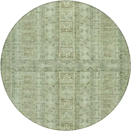 8' Sage And Ivory Round Striped Washable Indoor Outdoor Area Rug Photo 1