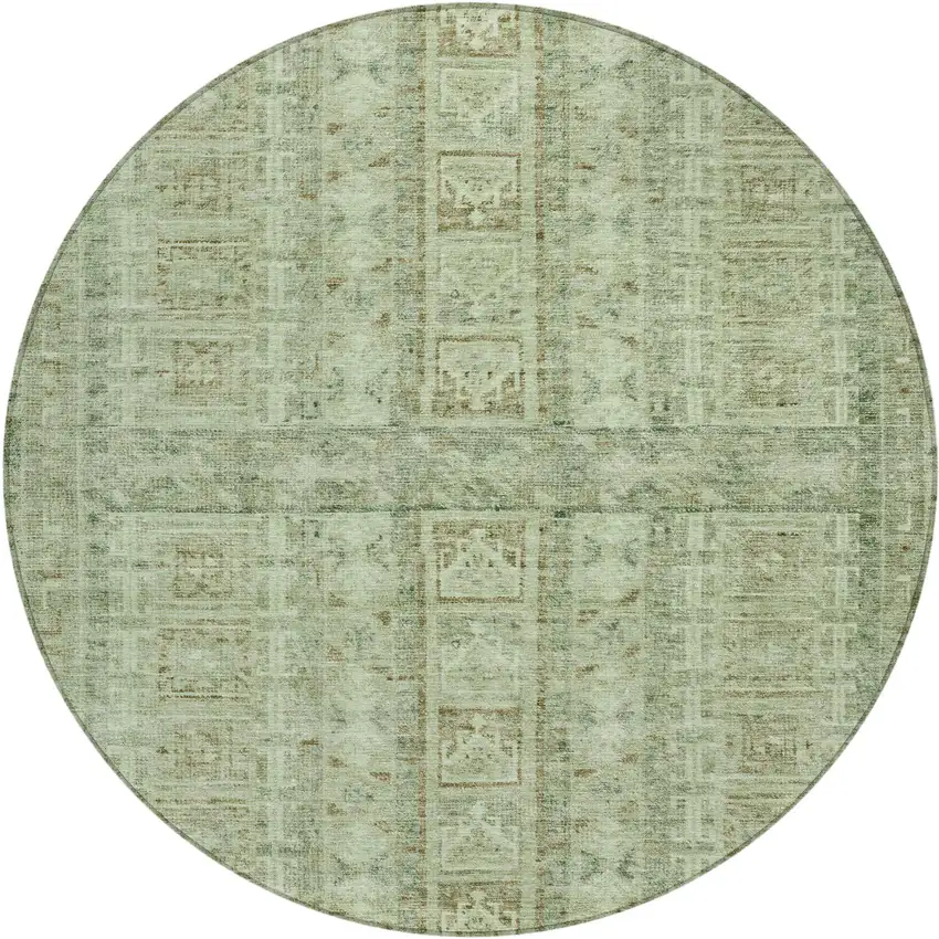 8' Sage And Ivory Round Striped Washable Indoor Outdoor Area Rug Photo 1