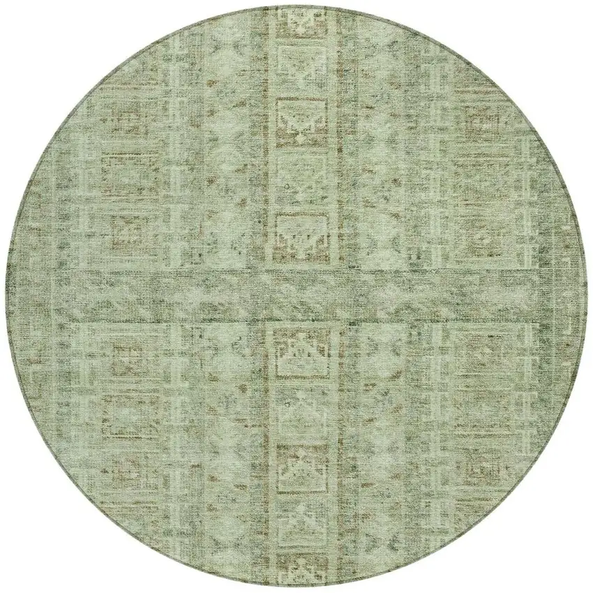 8' Sage And Ivory Round Striped Washable Indoor Outdoor Area Rug Photo 4