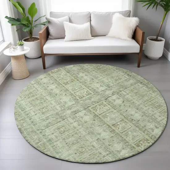 8' Sage And Ivory Round Striped Washable Indoor Outdoor Area Rug Photo 9