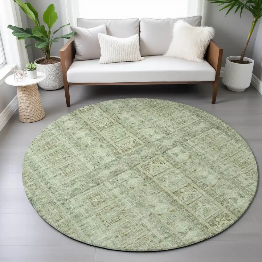 8' Sage And Ivory Round Striped Washable Indoor Outdoor Area Rug Photo 9