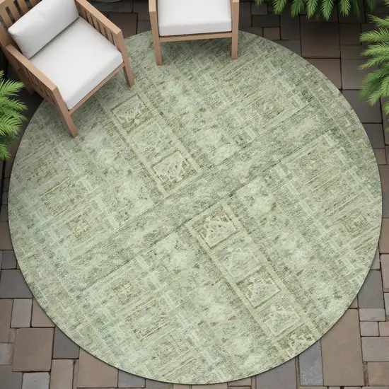 8' Sage And Ivory Round Striped Washable Indoor Outdoor Area Rug Photo 8