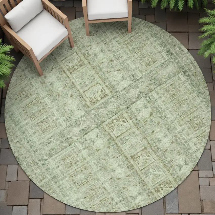 8' Sage And Ivory Round Striped Washable Indoor Outdoor Area Rug Photo 8