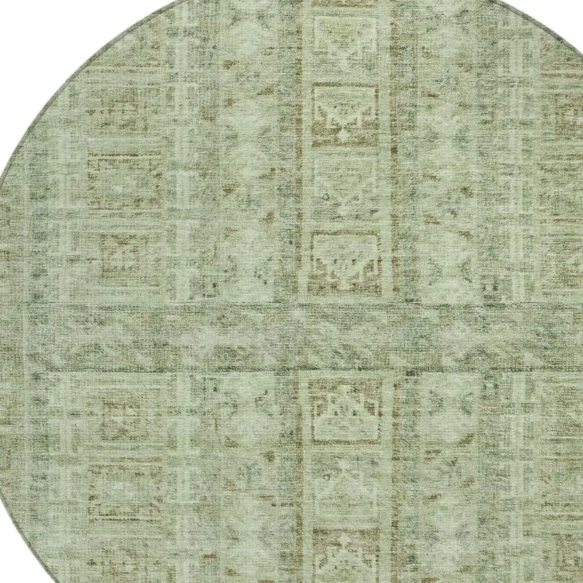 8' Sage And Ivory Round Striped Washable Indoor Outdoor Area Rug Photo 5