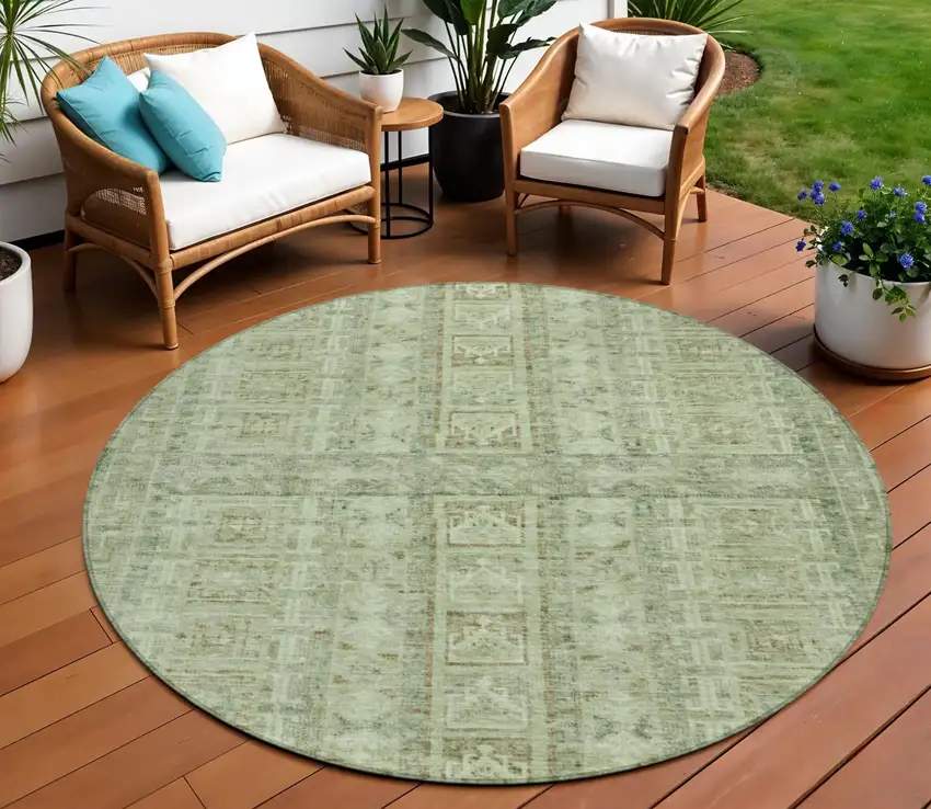 8' Sage And Ivory Round Striped Washable Indoor Outdoor Area Rug Photo 2