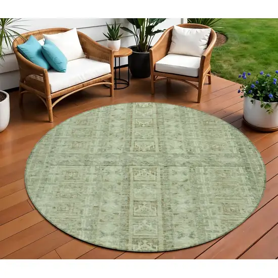 8' Sage And Ivory Round Striped Washable Indoor Outdoor Area Rug Photo 2