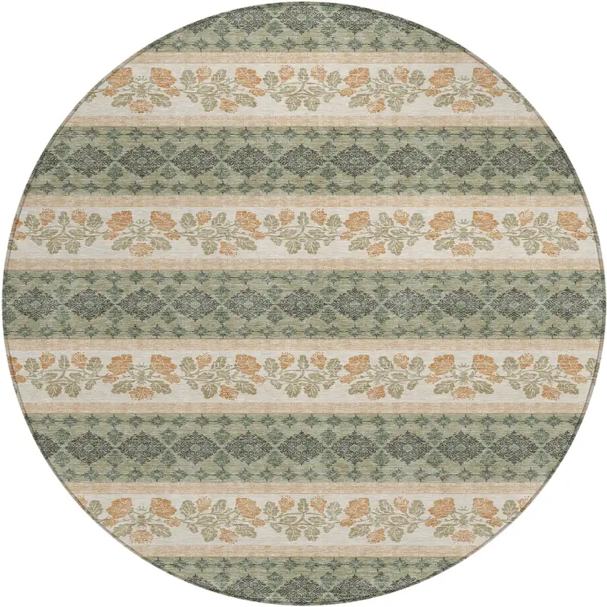 8' Sage And Ivory Round Striped Washable Indoor Outdoor Area Rug Photo 1