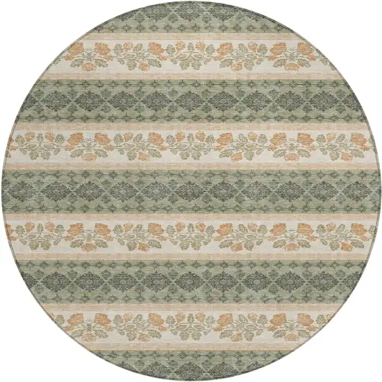 8' Sage And Ivory Round Striped Washable Indoor Outdoor Area Rug Photo 1