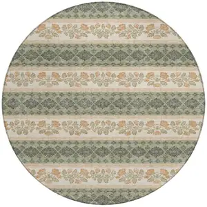 Photo of 8' Sage And Ivory Round Striped Washable Indoor Outdoor Area Rug