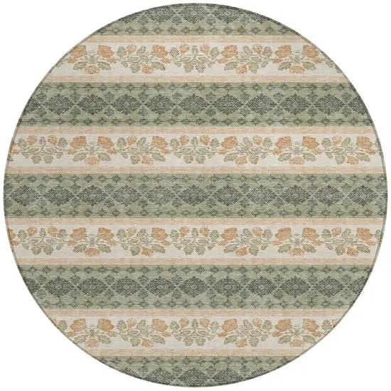 8' Sage And Ivory Round Striped Washable Indoor Outdoor Area Rug Photo 3