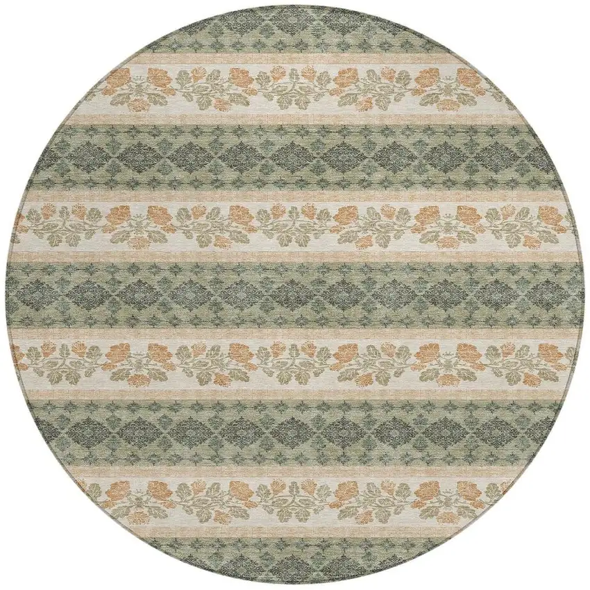 8' Sage And Ivory Round Striped Washable Indoor Outdoor Area Rug Photo 3