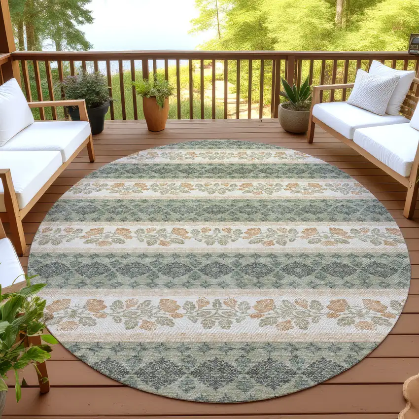 8' Sage And Ivory Round Striped Washable Indoor Outdoor Area Rug Photo 4
