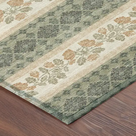 8' Sage And Ivory Round Striped Washable Indoor Outdoor Area Rug Photo 6