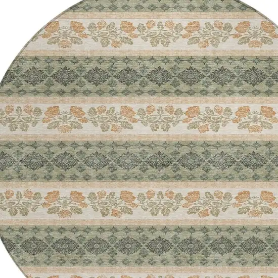 8' Sage And Ivory Round Striped Washable Indoor Outdoor Area Rug Photo 2