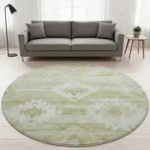 Photo of 8' Sage And Ivory Southwestern Washable Round Rug With UV Protection