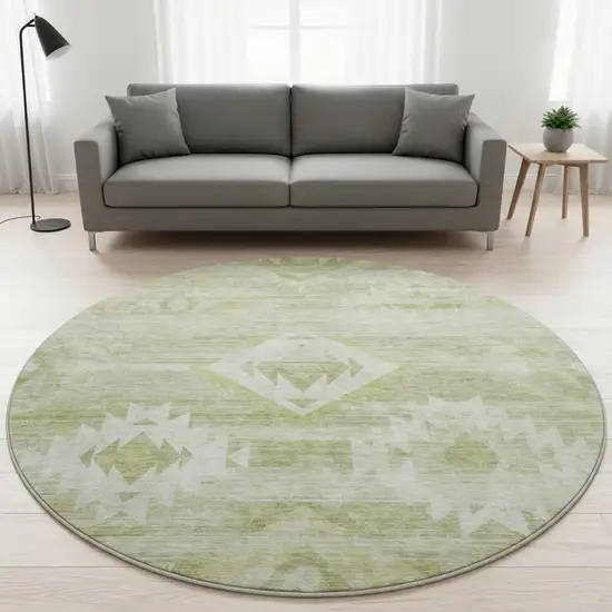 8' Sage And Ivory Southwestern Washable Round Rug With UV Protection Photo 2