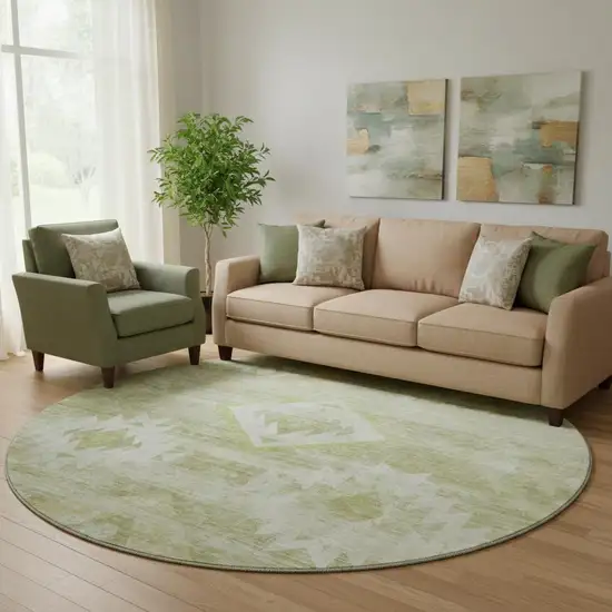 8' Sage And Ivory Southwestern Washable Round Rug With UV Protection Photo 1