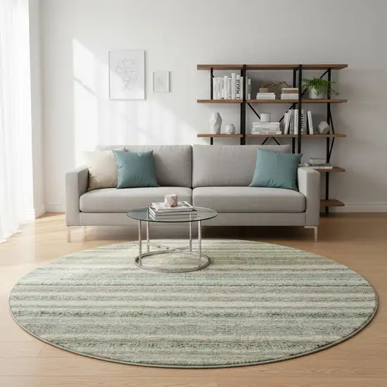 8' Sage And Ivory Striped Washable Round Rug With UV Protection Photo 2