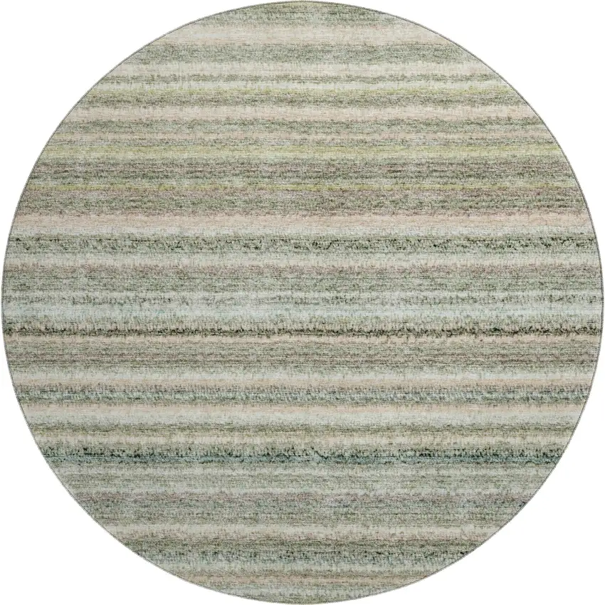 8' Sage And Ivory Striped Washable Round Rug With UV Protection Photo 1