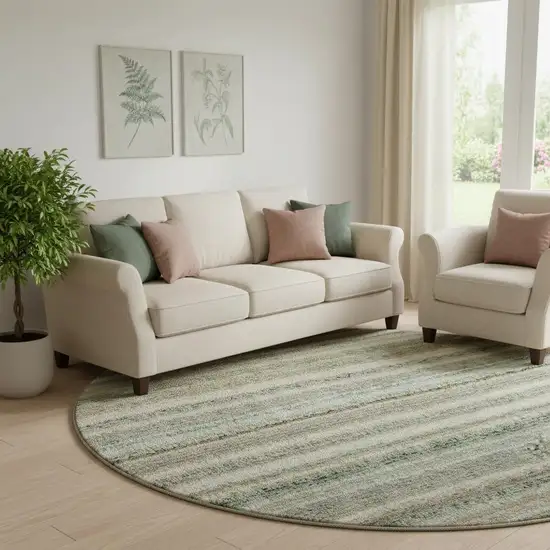 8' Sage And Ivory Striped Washable Round Rug With UV Protection Photo 2