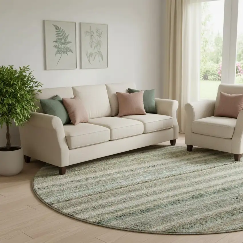 8' Sage And Ivory Striped Washable Round Rug With UV Protection Photo 2