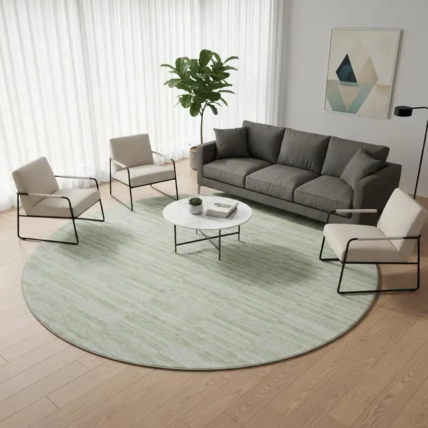 8' Sage And Ivory Striped Washable Round Rug With UV Protection Photo 2