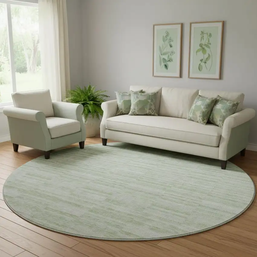 8' Sage And Ivory Striped Washable Round Rug With UV Protection Photo 1