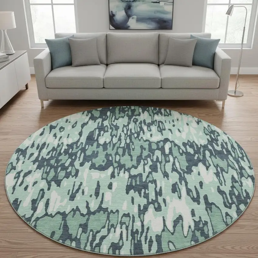 8' Sage And Ivory Striped Washable Round Rug With UV Protection Photo 2