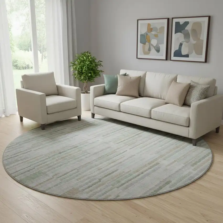8' Sage And Ivory Striped Washable Round Rug With UV Protection Photo 2