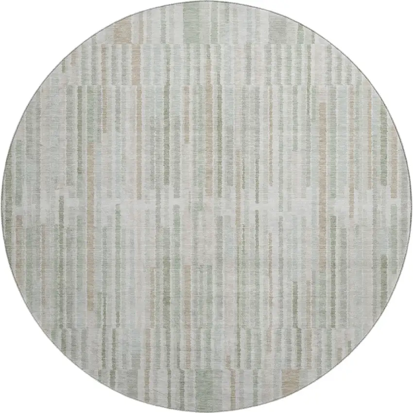 8' Sage And Ivory Striped Washable Round Rug With UV Protection Photo 1