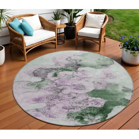 8' Sage And Lavender Round Abstract Washable Indoor Outdoor Area Rug Photo 2
