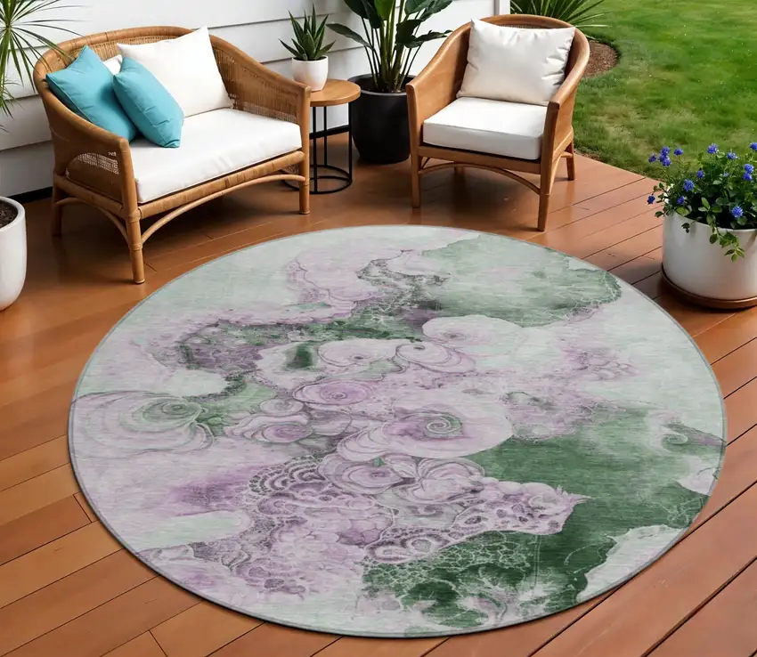 8' Sage And Lavender Round Abstract Washable Indoor Outdoor Area Rug Photo 2