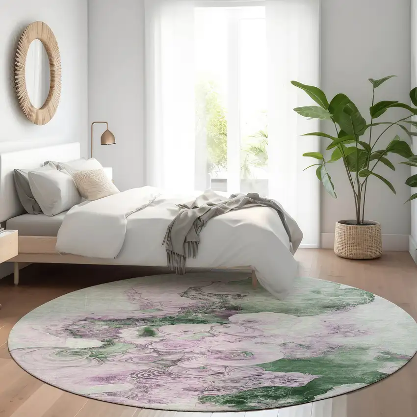 8' Sage And Lavender Round Abstract Washable Indoor Outdoor Area Rug Photo 6