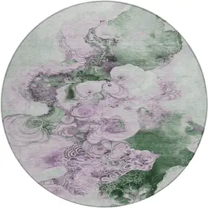 Photo of 8' Sage And Lavender Round Abstract Washable Indoor Outdoor Area Rug