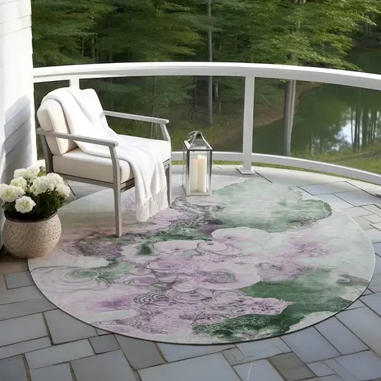 8' Sage And Lavender Round Abstract Washable Indoor Outdoor Area Rug Photo 5