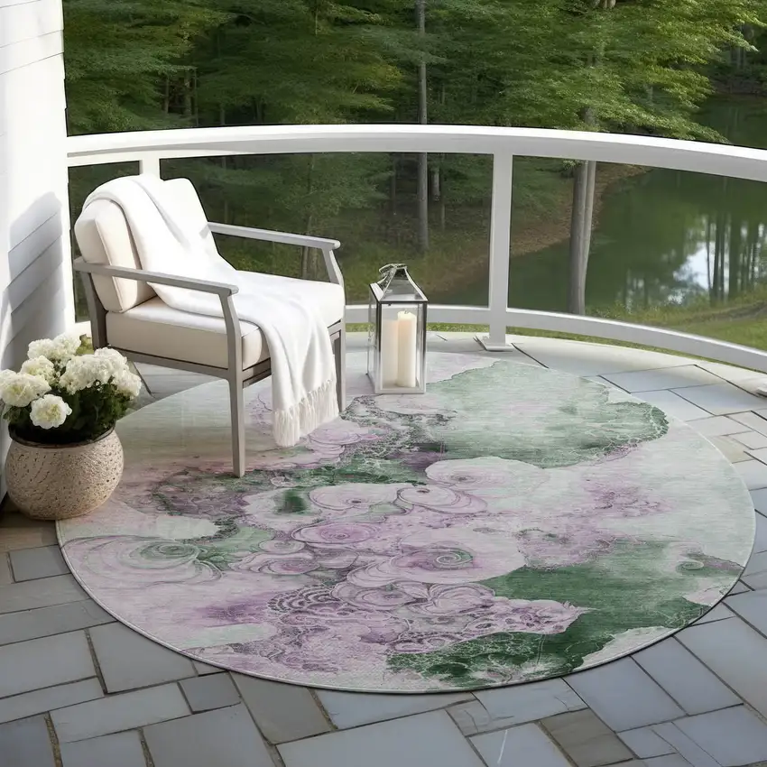 8' Sage And Lavender Round Abstract Washable Indoor Outdoor Area Rug Photo 5