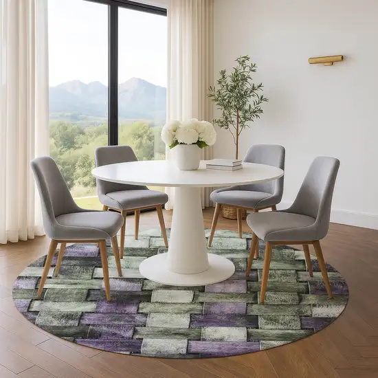 8' Sage And Lavender Striped Washable Round Rug With UV Protection Photo 5