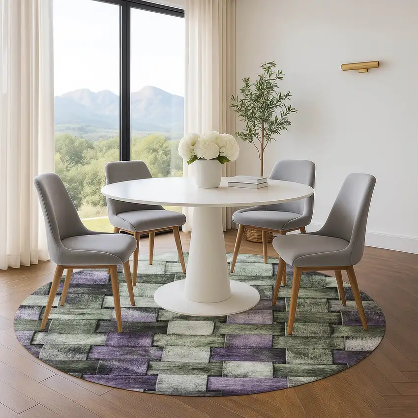 8' Sage And Lavender Striped Washable Round Rug With UV Protection Photo 5