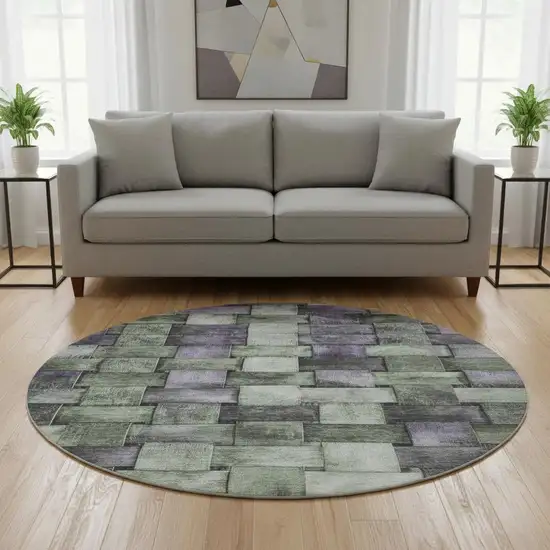 8' Sage And Lavender Striped Washable Round Rug With UV Protection Photo 2